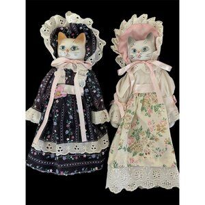 Porcelain Bisque Cat Head Dolls 8" & 9" Rare Lot of 2 Vintage